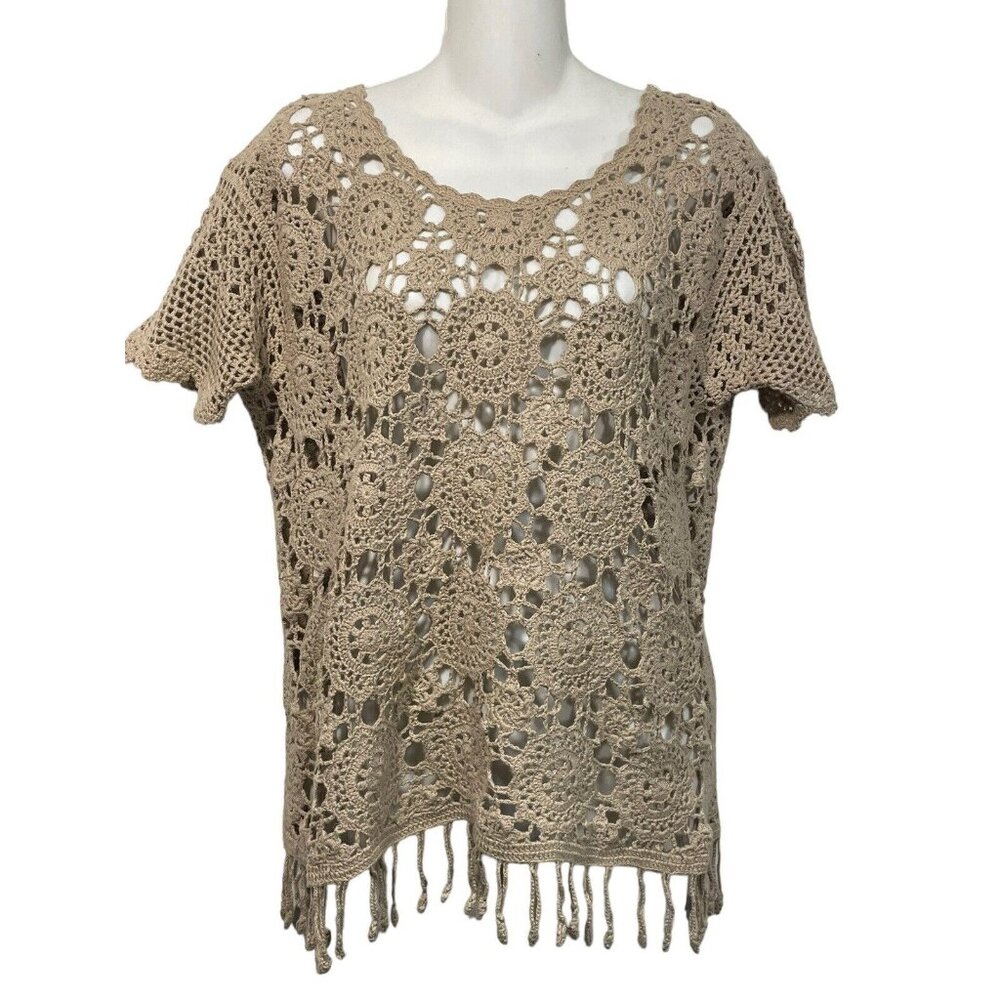 Nina Austin Crochet Pullover Sweater Open Knit Tassel Beachy Boho Beige Tan Sz S